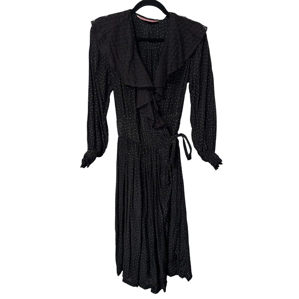 Vintage Southern Comforts Black Polka Dot Ruffle Wrap Dress Lace Trim Midi 80s